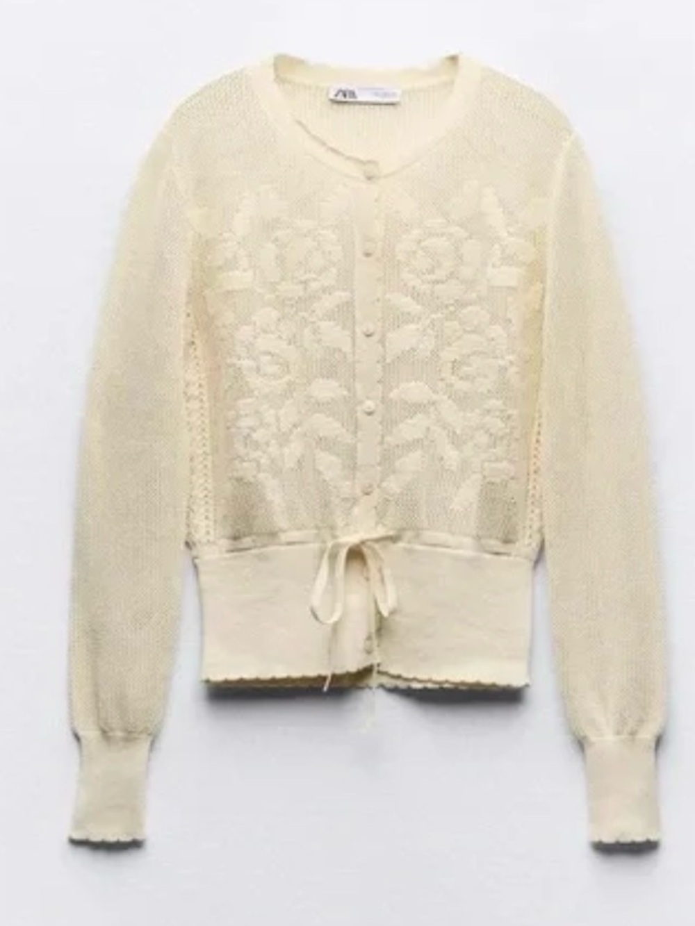 Zara Romantic Pointelle Knit Cardigan Large Open Knit Sweater Tie Waist Cream